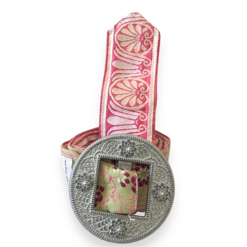 Hadley Pollet Pink and Green Floral Embroidered Belt Silver Tone Buckle Size S